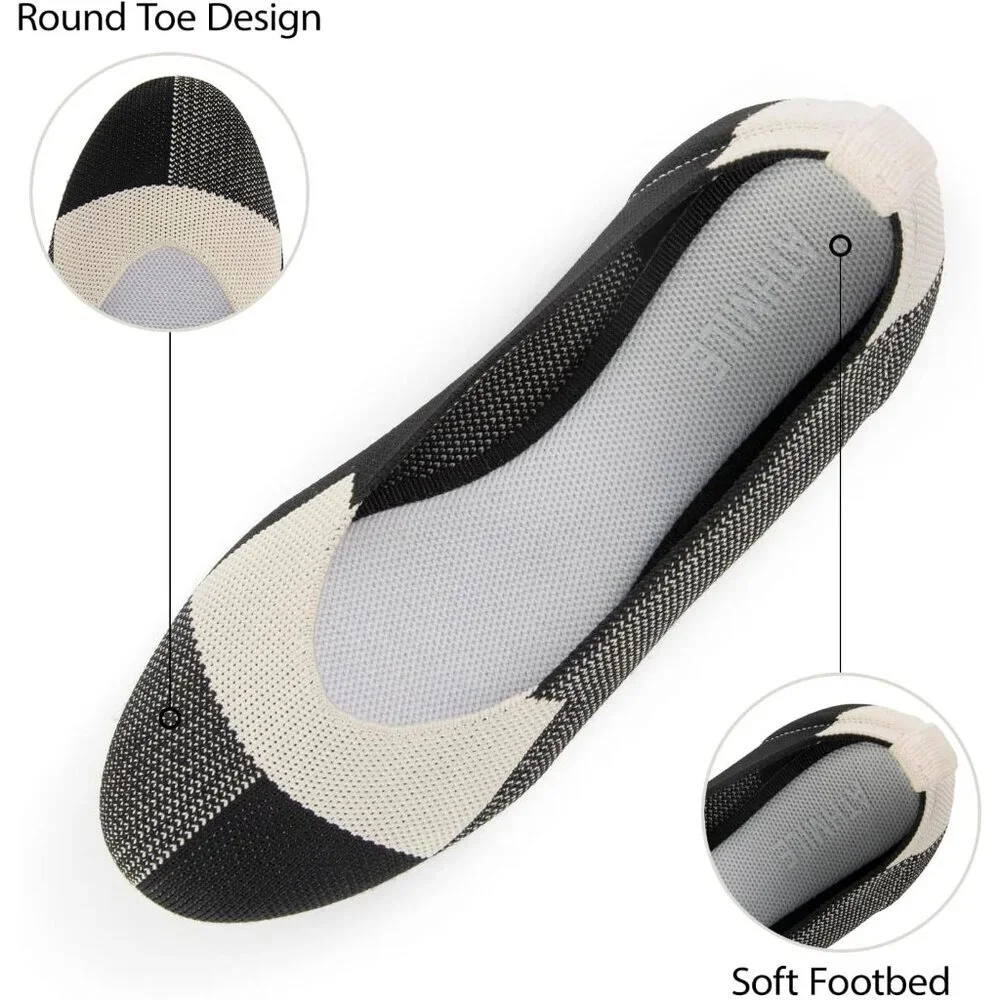 Women's Knit Ballet Black White Flats Round Toe Comfortable Dressy Casual Shoes - Picture 4 of 5